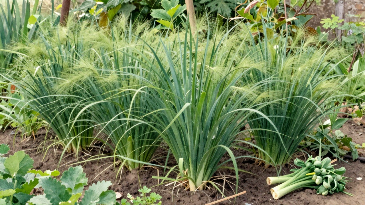 Лук-батун растет густым зарослем в углу огорода.