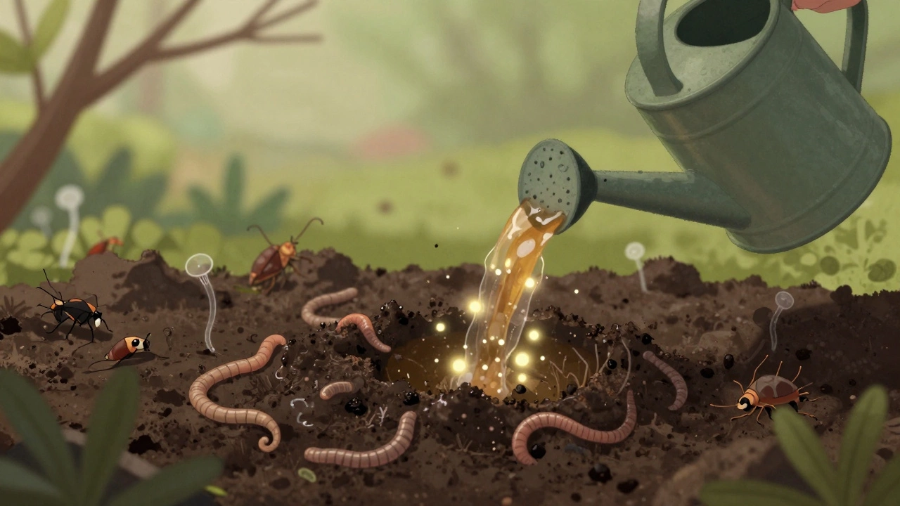 Полив почвы раствором Фитоспорина, видны полезные бактерии в земле.