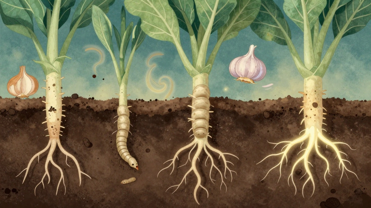 Разрез почвы, показывающий гибель личинок под корнями капусты под действием экстракта луковой шелухи.