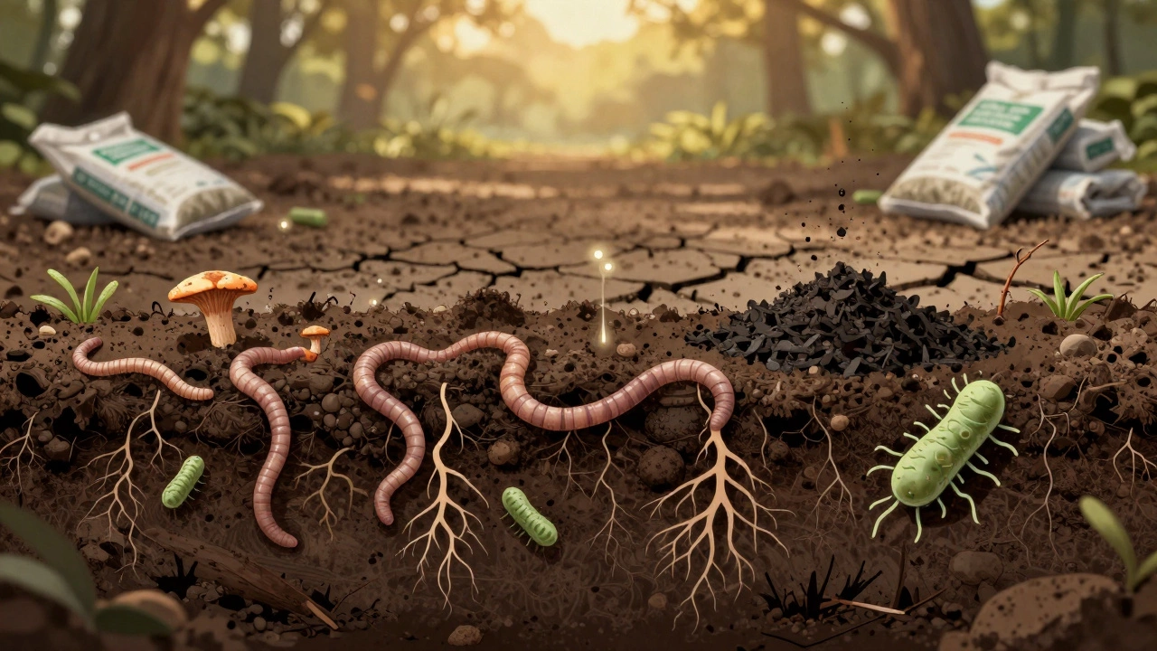 Разрез почвы с червями и грибами, питающимися от переработанных отходов.