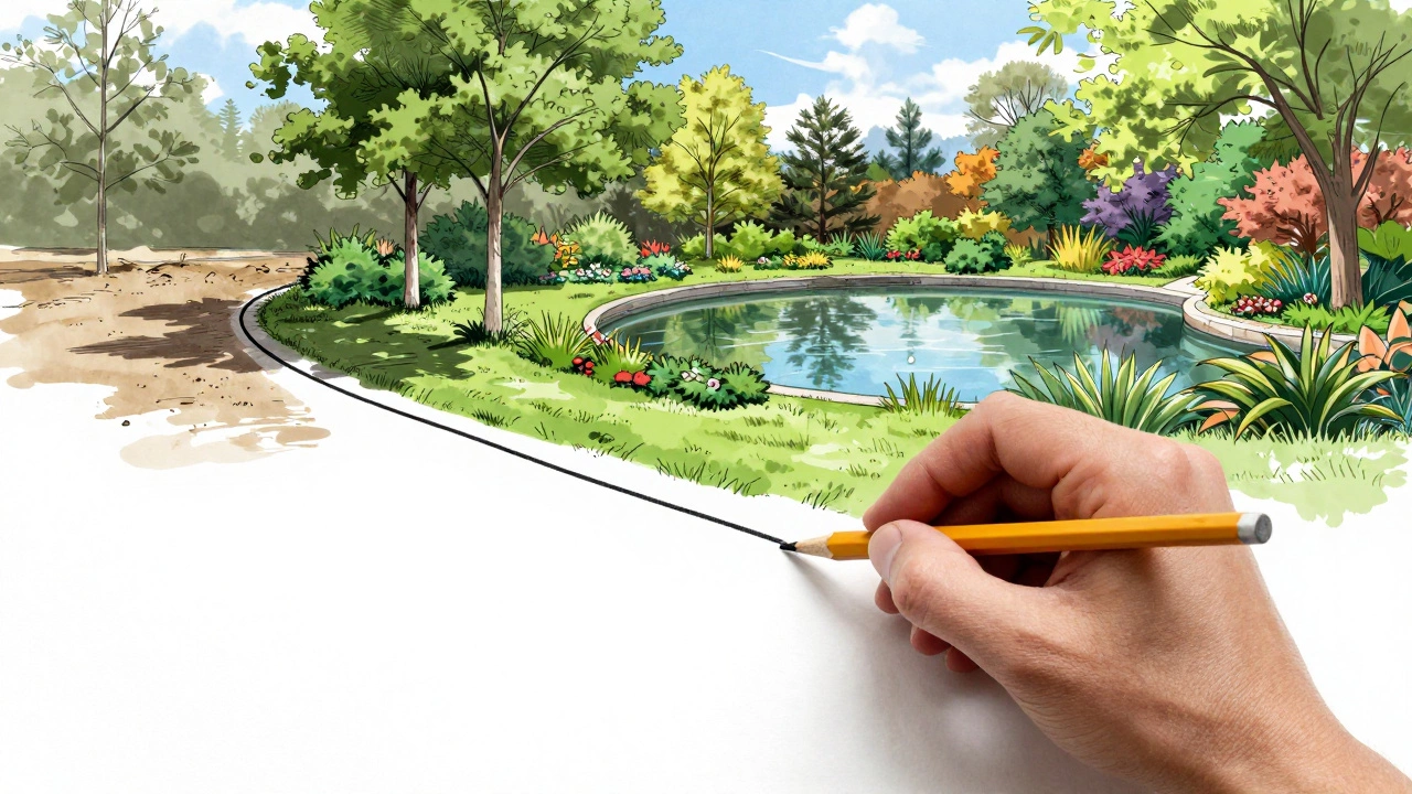 Рука архитектора рисует план, который превратится в зрелый сад через десять лет.