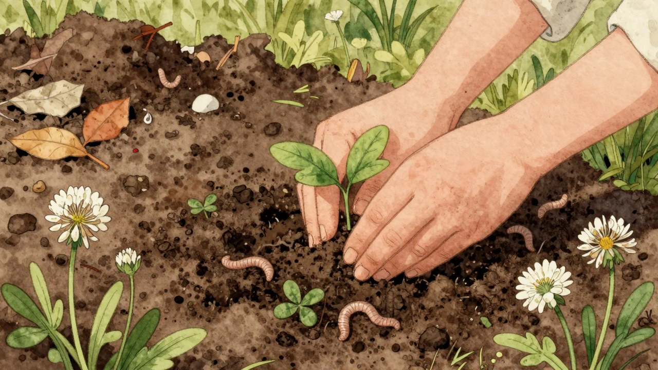 Рука сажает рассаду в богатую компостную землю, вокруг — дикие цветы и черви.