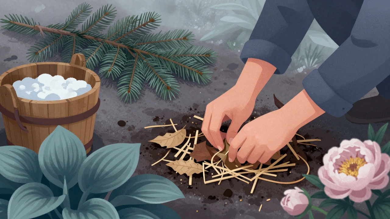 Руки садовника укладывают сухую листву и солому вокруг многолетников для защиты от мороза.