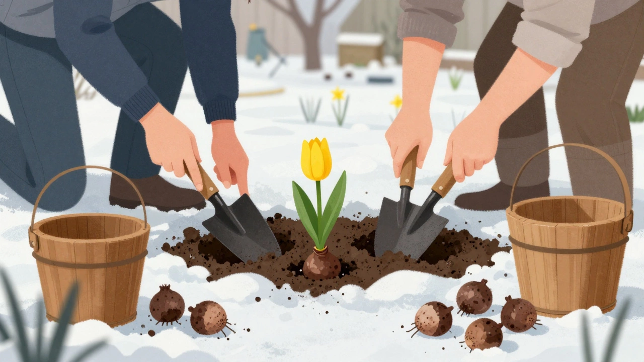 Садовники сажают луковицы тюльпанов и нарциссов в оттаявшую землю под снегом.