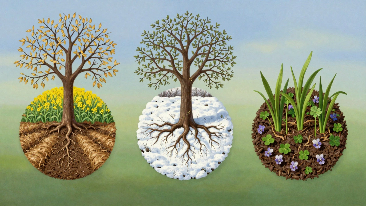 Сезонный цикл приствольного круга: осень, зима, весна — восстановление почвы.