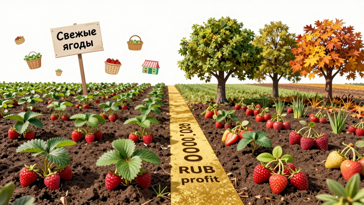 Схема дачного участка: весной — молодые растения, осенью — обильный урожай, золотая дорога к прибыли.