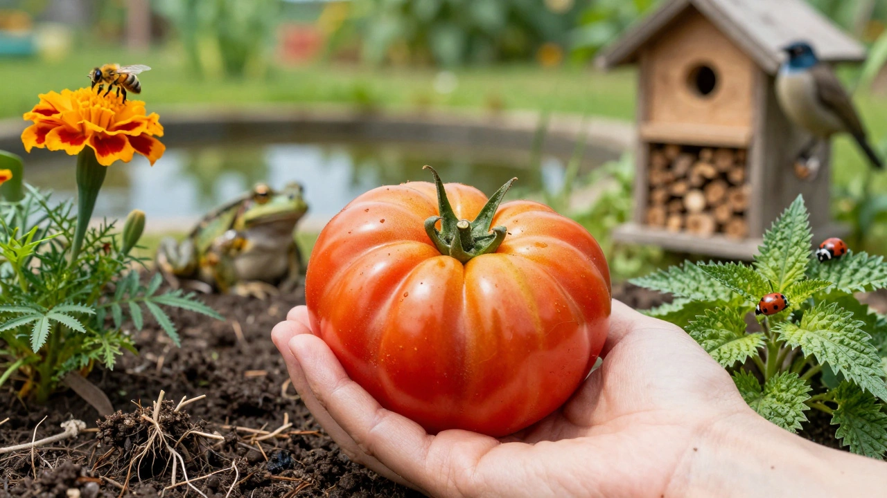 Спелый помидор из органического огорода с окружением бабочек, лягушек и насекомых