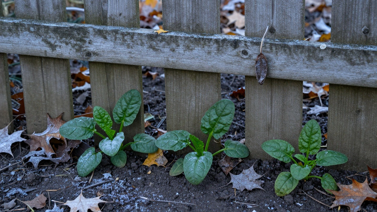 Шпинат прорастает в трещинах деревянного забора.