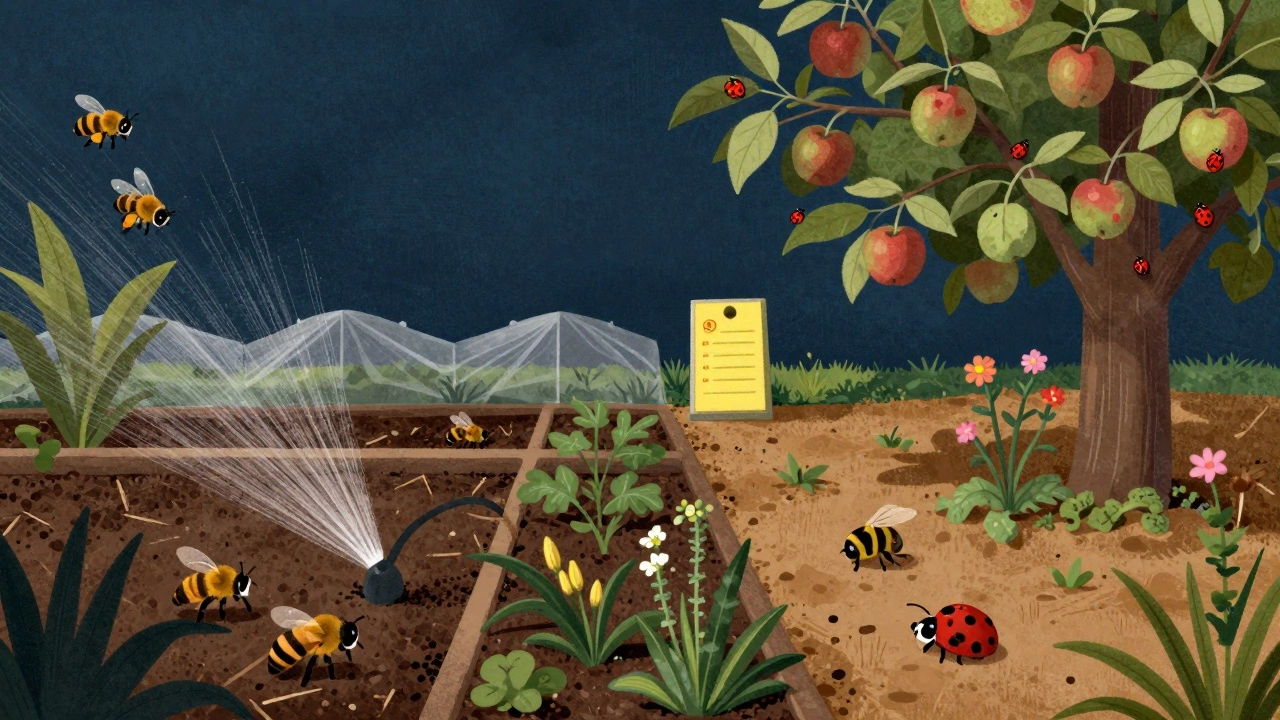 Сравнение химической и органической защиты сада: слева — вред, справа — божьи коровки, ловушки и мульча.