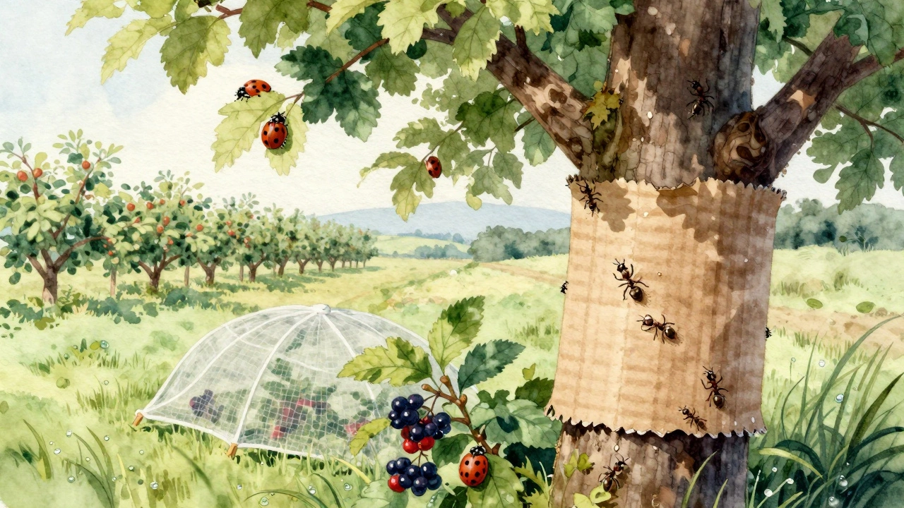 Ствол яблони обернут ловчим поясом, на нём застряли муравьи и гусеницы, над кустом — сетка.