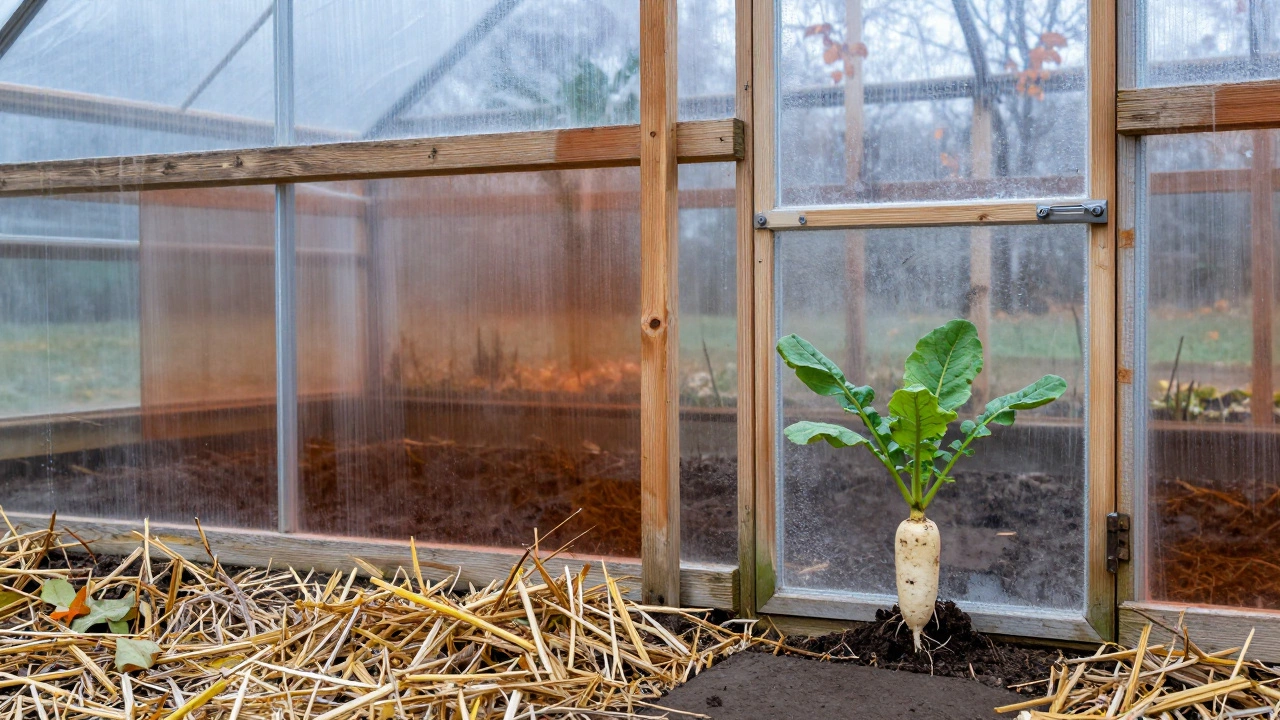 Внутренний вид теплицы с обработкой медным купоросом и мульчей на грядке.