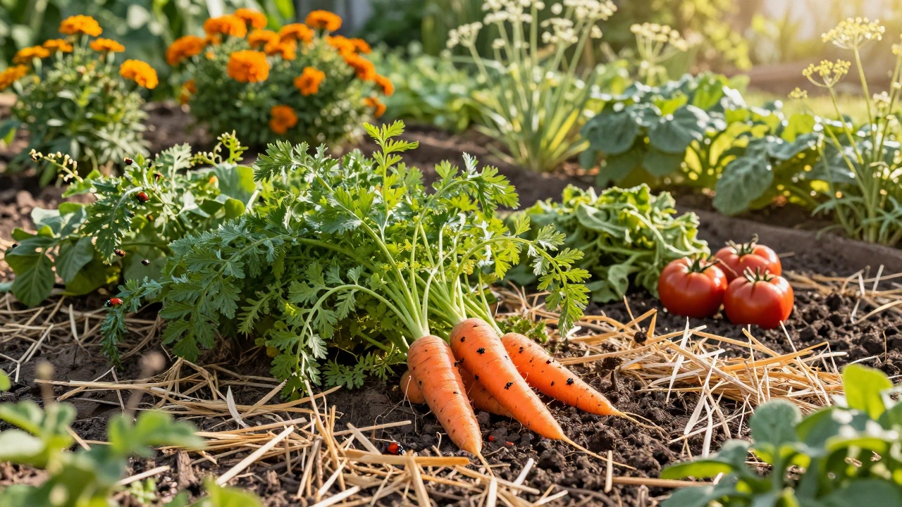 Здоровый огород с мульчей, божьими коровками и цветами, символизирующий устойчивую защиту от вредителей.