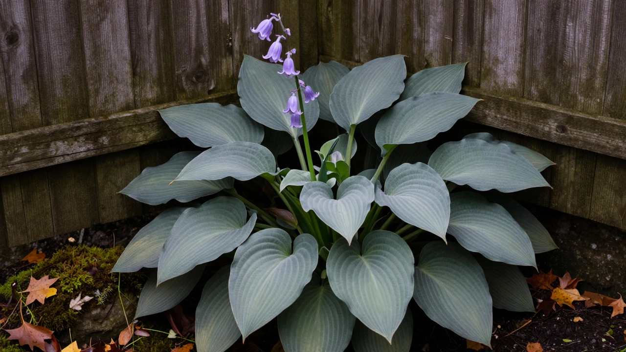 Хоста с серебристо-зелёными листьями и нежными цветами в тени деревянного забора.