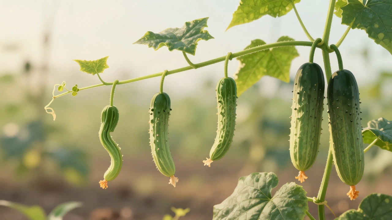 Хрупкий огурец с искривленными плодами рядом с здоровым растением — симптомы дефицита калия.