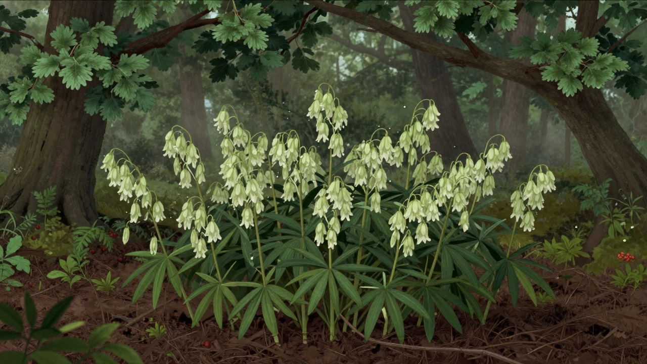 Купена с мелкими беловатыми цветками и красными ягодами в тени лесного подлеска.