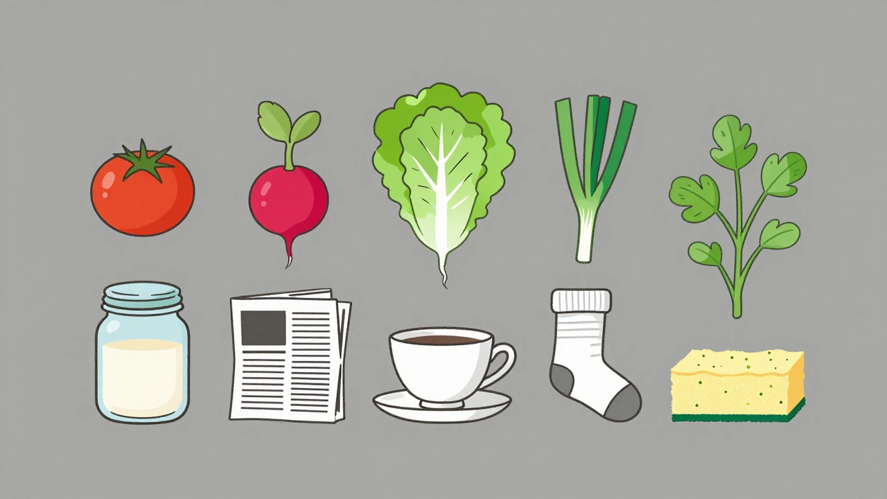 Пять овощей растут из бытовых предметов: банки, чашки, газеты, носка и губки — символ домашнего огородничества.