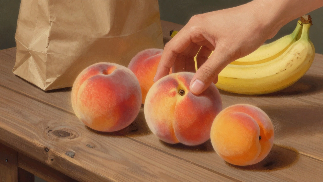 Рука надавливает на персик, оставляя след, другие фрукты лежат на деревянном столе с бананом и бумажным пакетом.