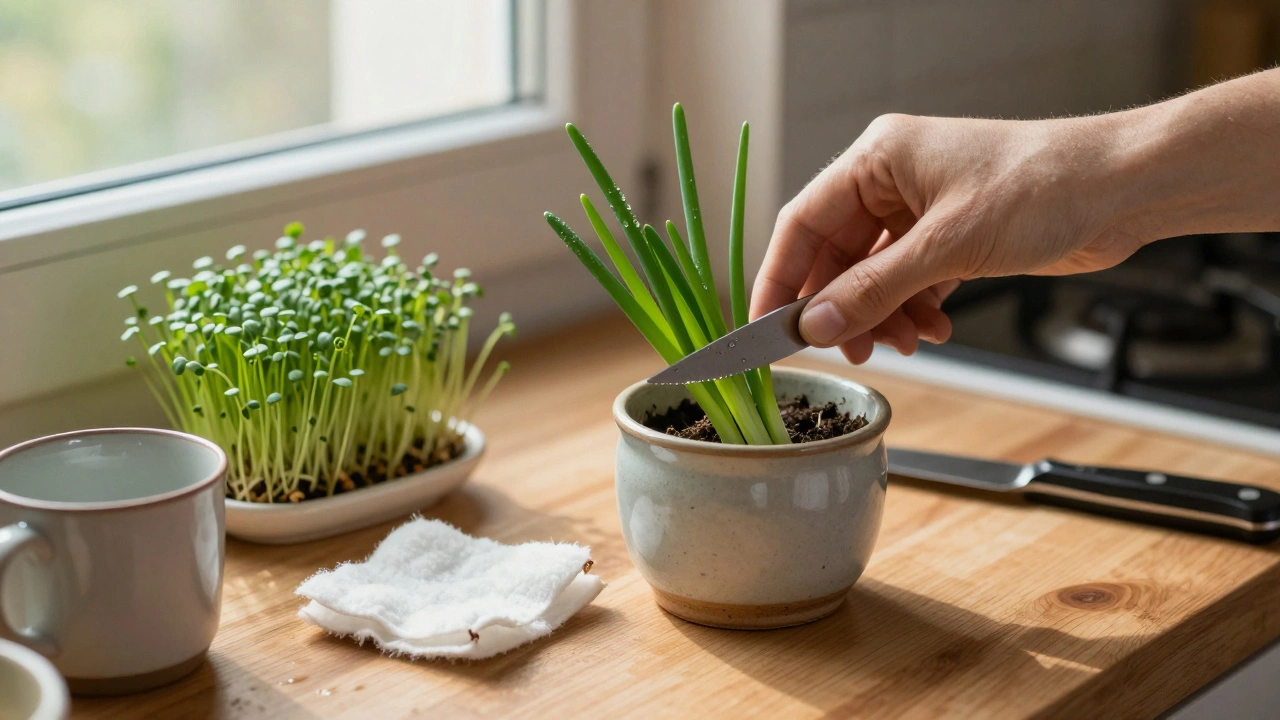 Рука срезает зелёные перья лука с подоконника, рядом — проростки кресс-салата на ватном диске.