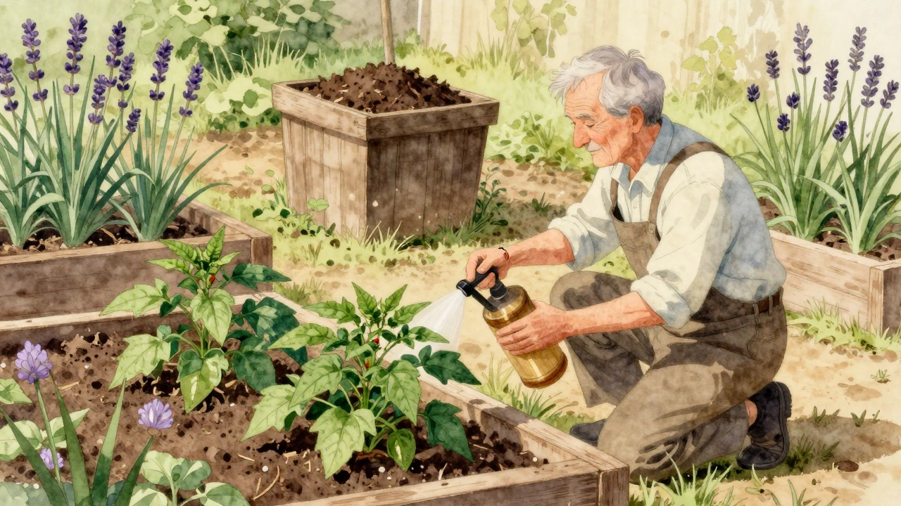 Садовник опрыскивает растения настоем крапивы в органическом огороде с компостом и цветами.