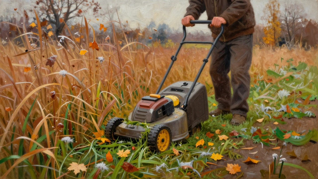 Садовник подстригает заросший газон поздней осенью в Нижнем Новгороде, листья и скошенная трава на земле.