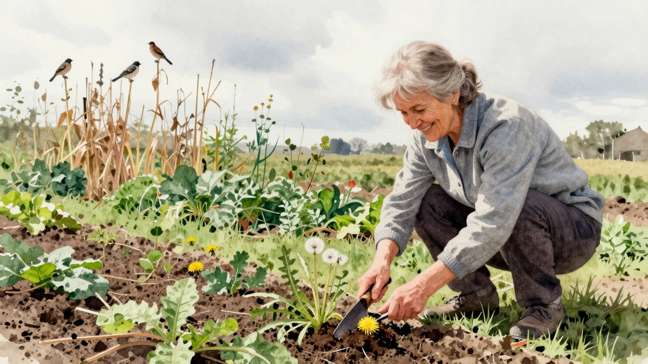 Женщина срезает одуванчик на уровне земли, оставляя его как мульчу, за ней — живой огород с птицами.