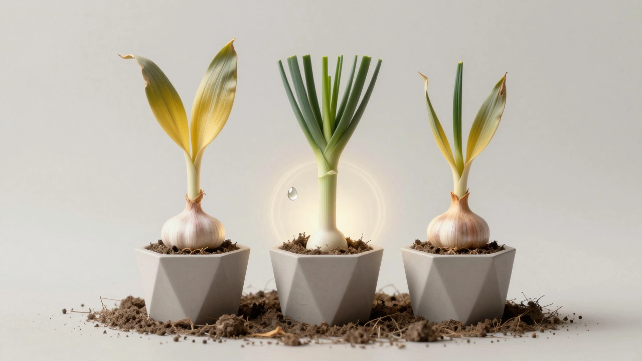 Чеснок, лук-порей и лук-батун в состоянии покоя, листья бледные, над одним горшком висит капля воды.