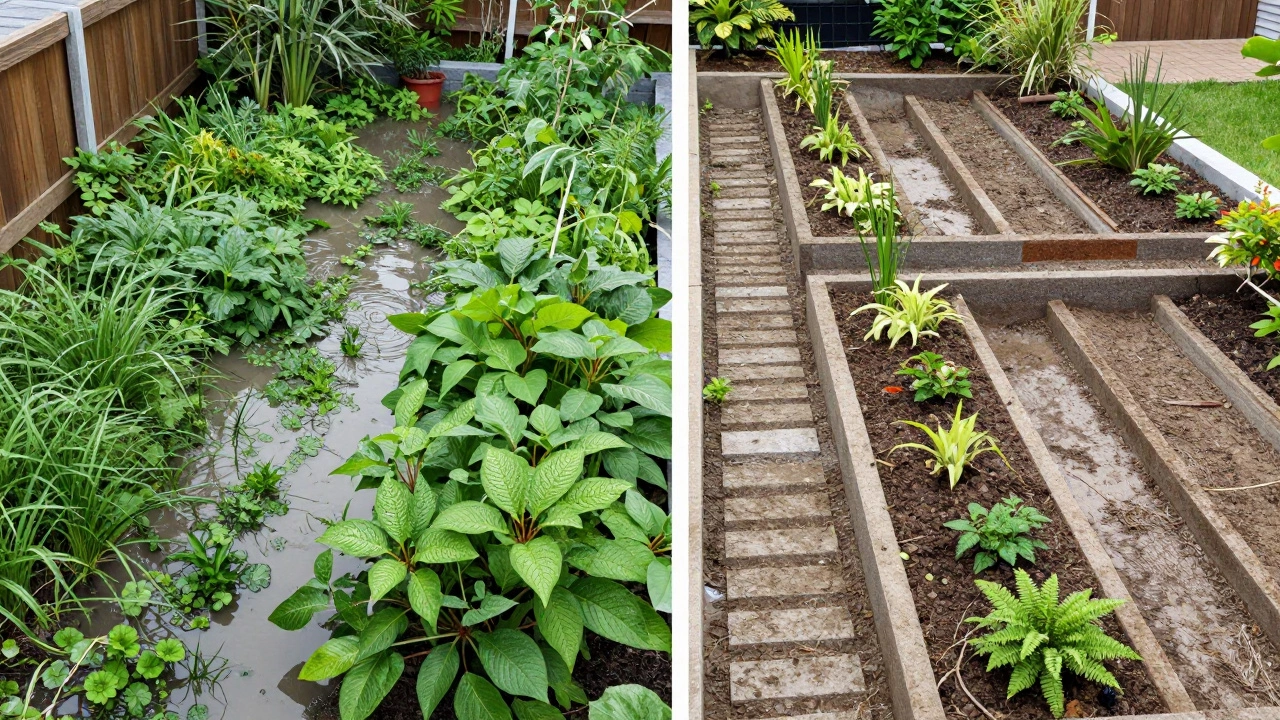 Два участка: один с подтоплением, другой — с укрепленными террасами и сухими дорожками.