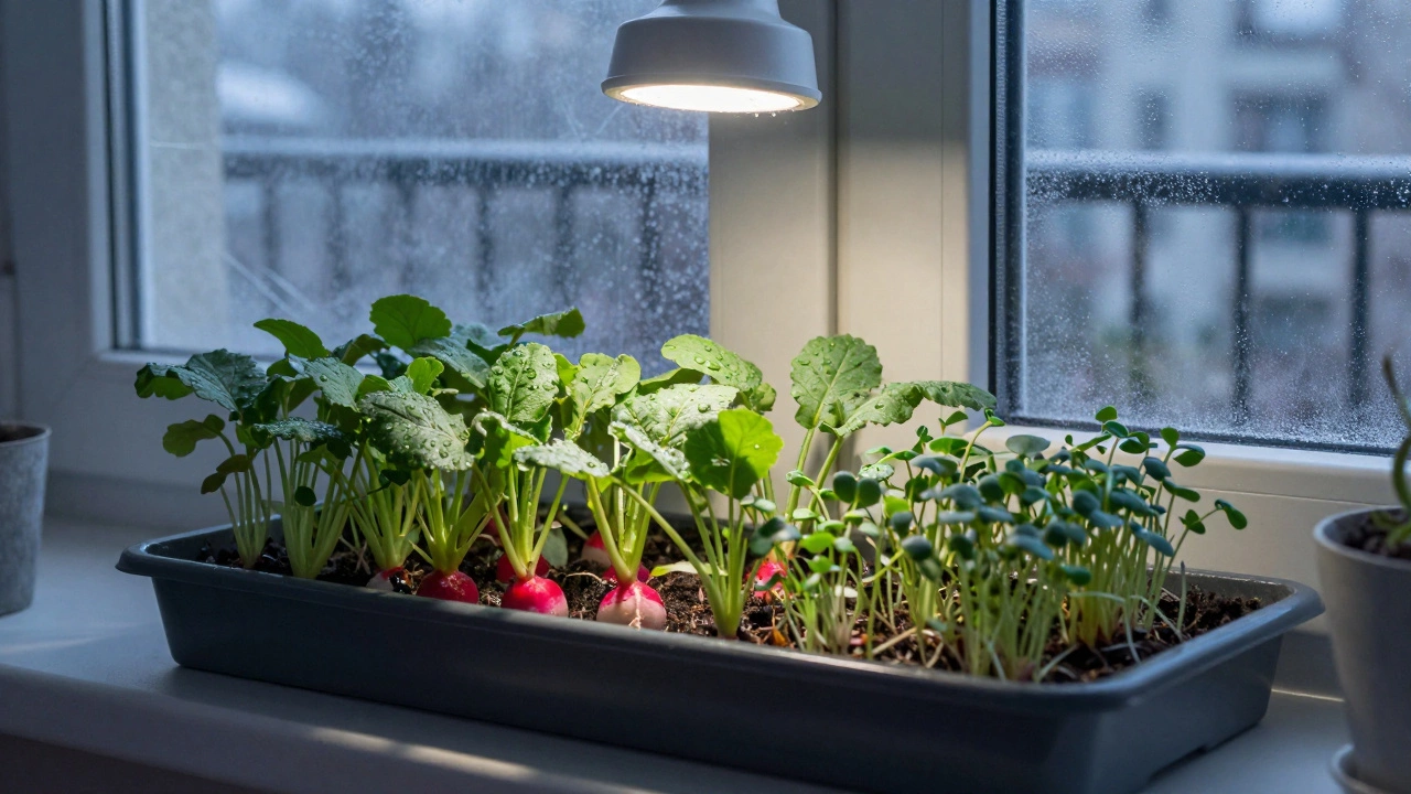 Фитолампа освещает редис и микрозелень на балконе зимой, на окне виден иней.