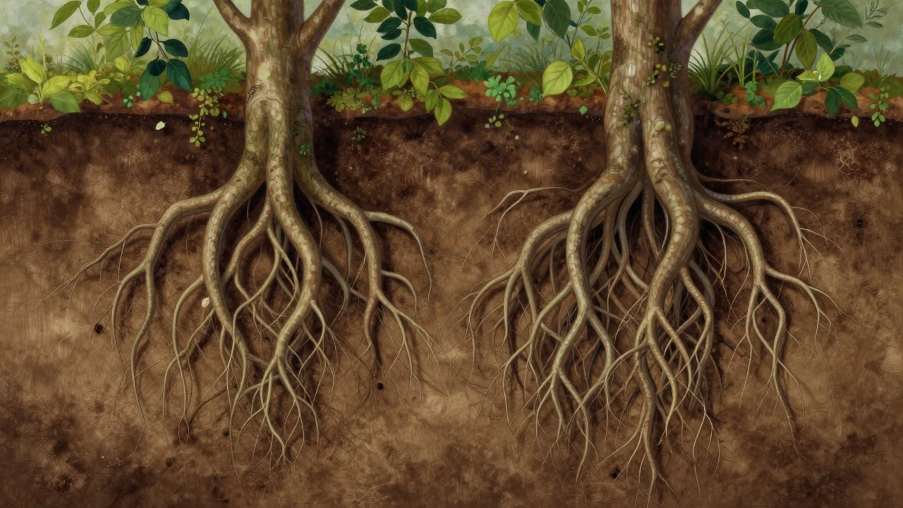 Корневые системы двух деревьев сплелись под землей