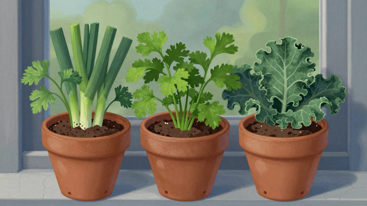 Лук-батун, петрушка и капуста кале в глиняных горшках на северном окне, почва сухая.