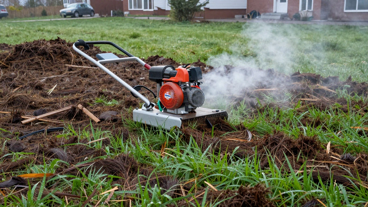 Механический вертикулятор удаляет дерн с большого газона, обнажая здоровую траву.