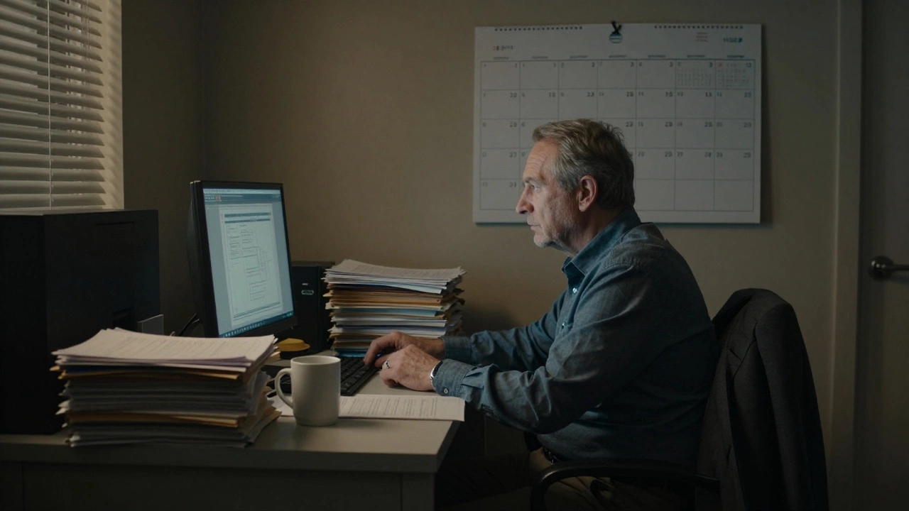 Мужчина работает допоздна в пустом офисе, никто не видит его усталости.