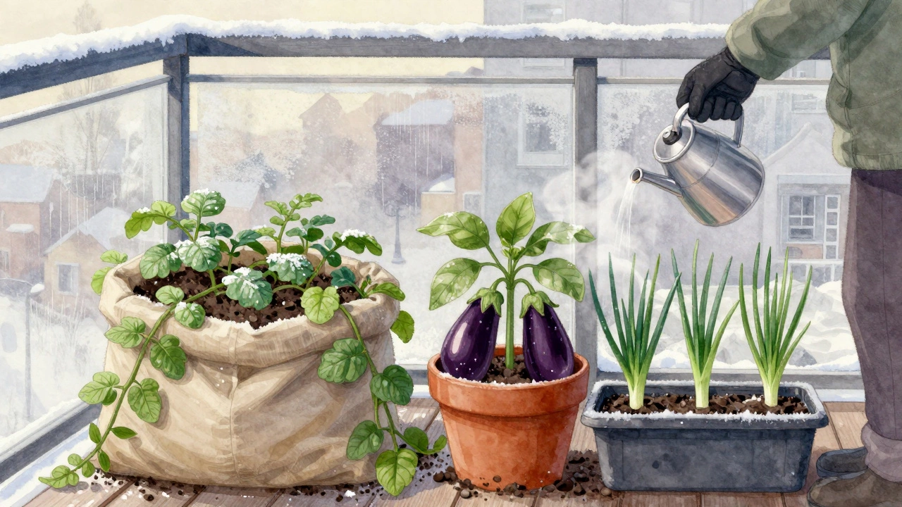 На застекленном балконе зимой растут овощи в горшках, человек поливает растения.
