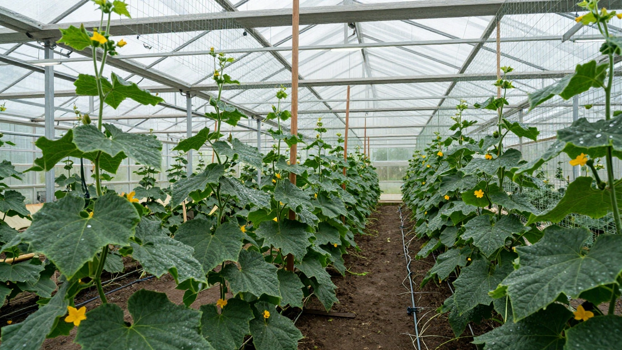 Огуречные плети с цветами растут вертикально в современной теплице