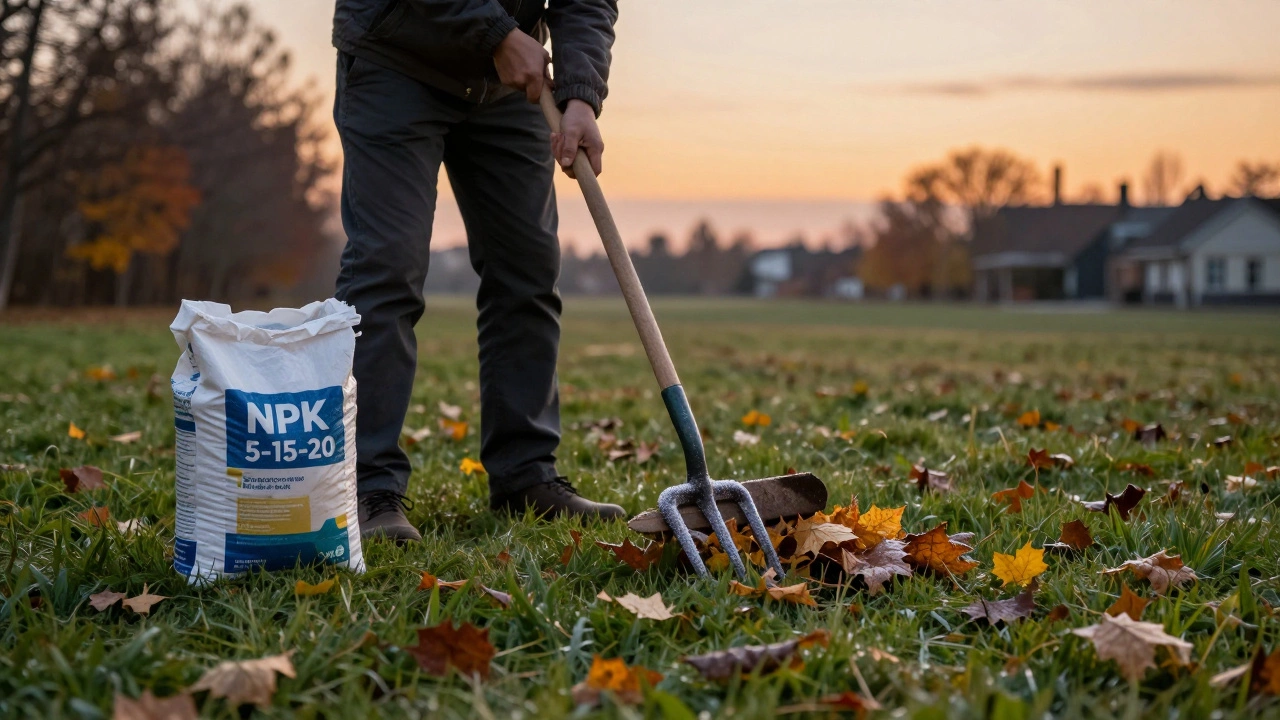 Осенью убирают листья с газона высотой 5 см, рядом лежит удобрение.