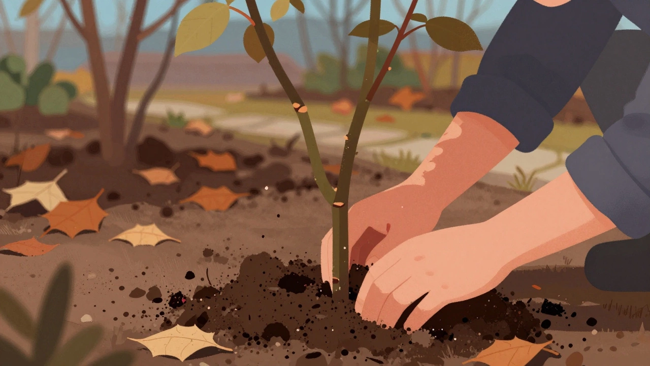 Подготовка роз к зиме, окучивание корней землей осенью.