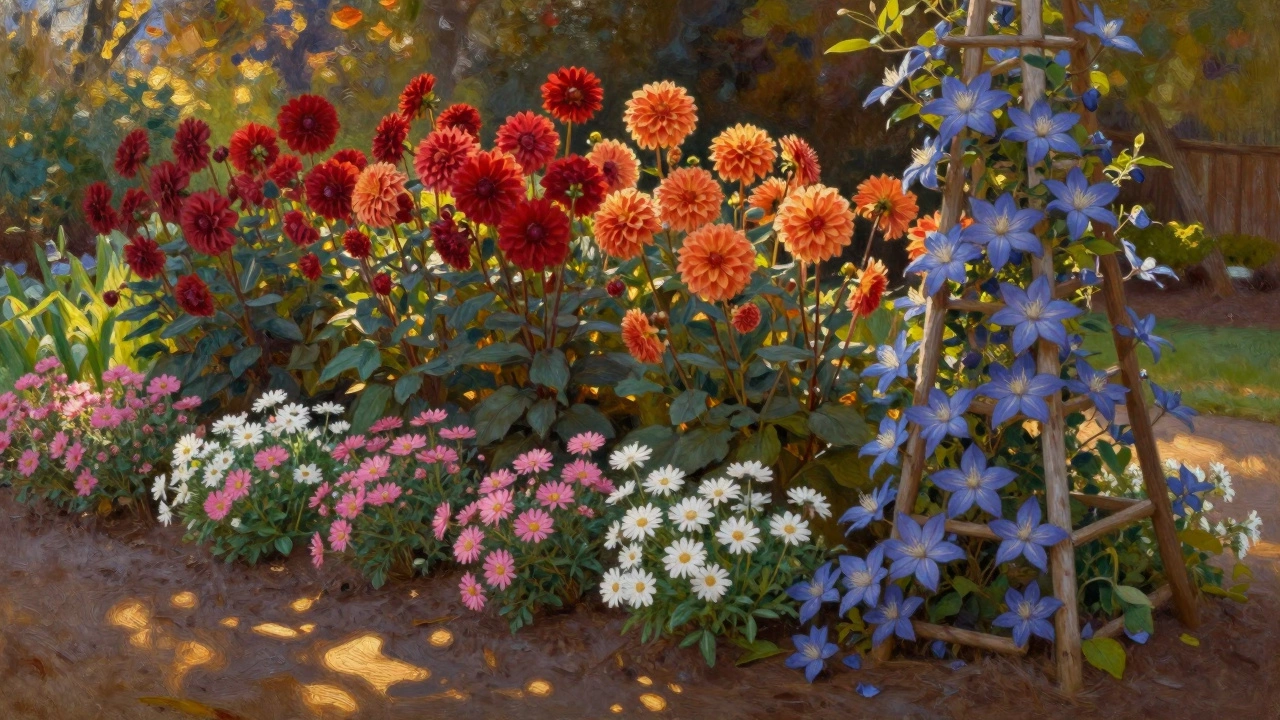 Позднеосенняя композиция с высокими георгинами и лианой у забора.