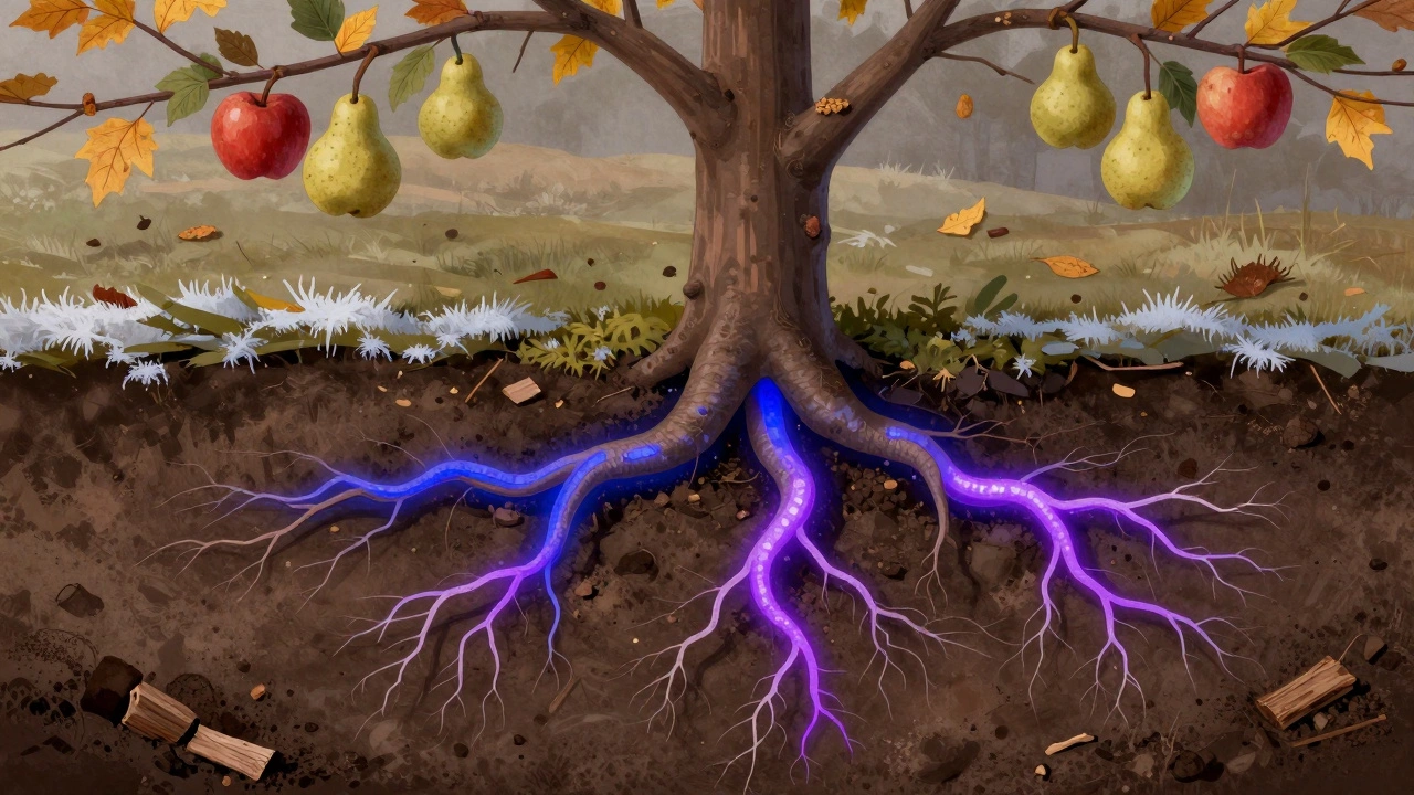 Разрез корней дерева с визуализацией поглощения фосфора и калия под зимней землей.