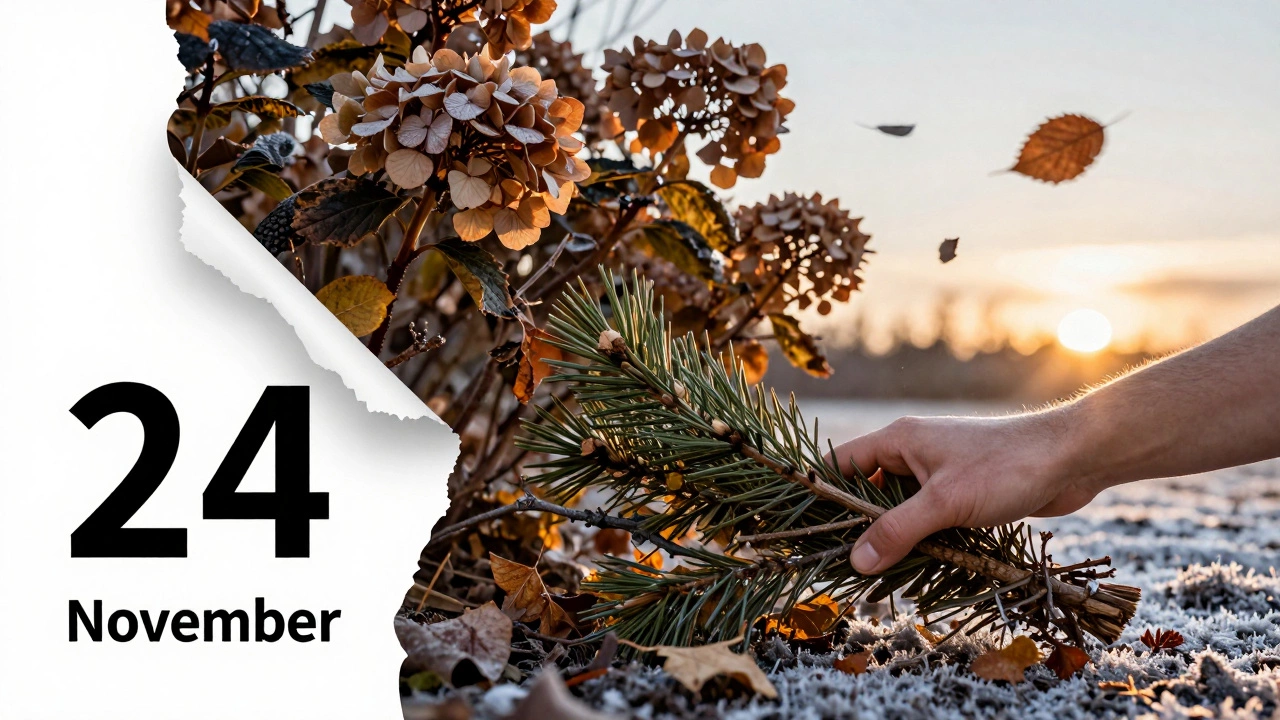 Рука кладет лапник на гортензию, на фоне — сорванный календарь с датой 24 ноября и летящие листья.