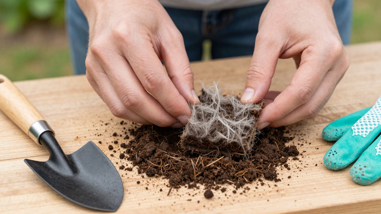 Руки поднимают кусок газона, показывая толстый волокнистый слой дерна под ним.