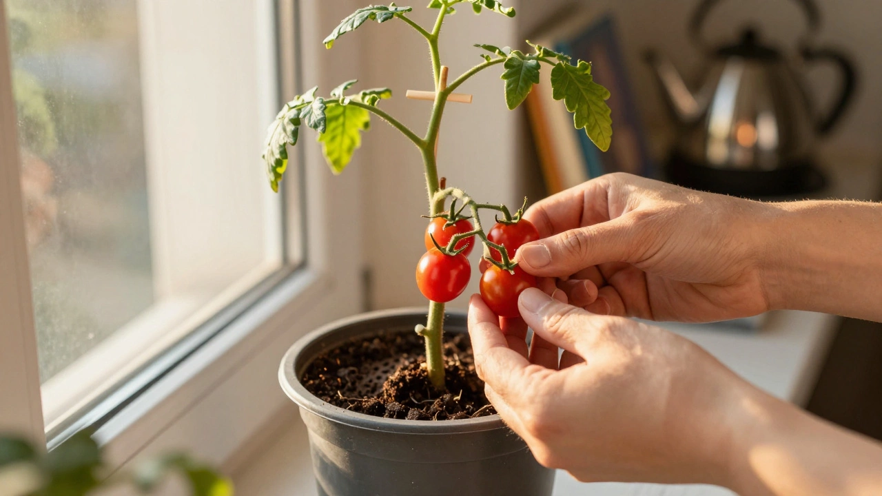 Руки собирают спелые черри помидоры с куста на подоконнике, золотистый свет.