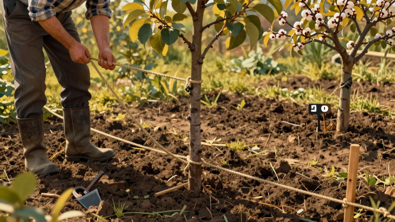 Садовник измеряет расстояние между деревьями верёвкой, чтобы соблюсти оптимальную посадку груши и сливы.