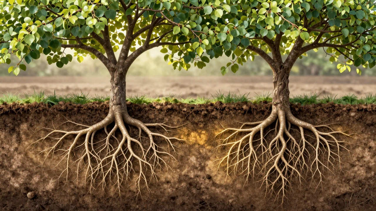 Схематичное изображение корневых систем груши и сливы с зоной свободного роста между ними под землёй.