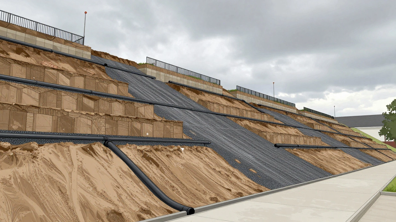 Склоны с террасами и дренажными системами, спроектированные для устойчивости.