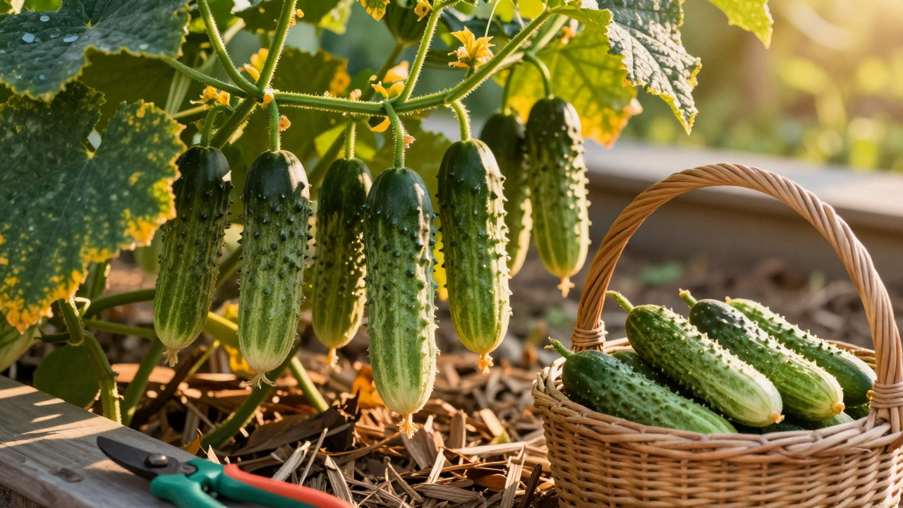 Спелые бугорчатые огурцы лежат в корзине на фоне огорода