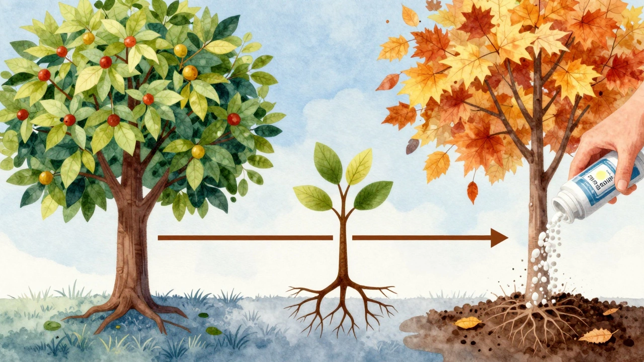 Сравнение летнего и осеннего состояния дерева: с одной стороны — листва, с другой — корни, поглощающие питательные вещества.