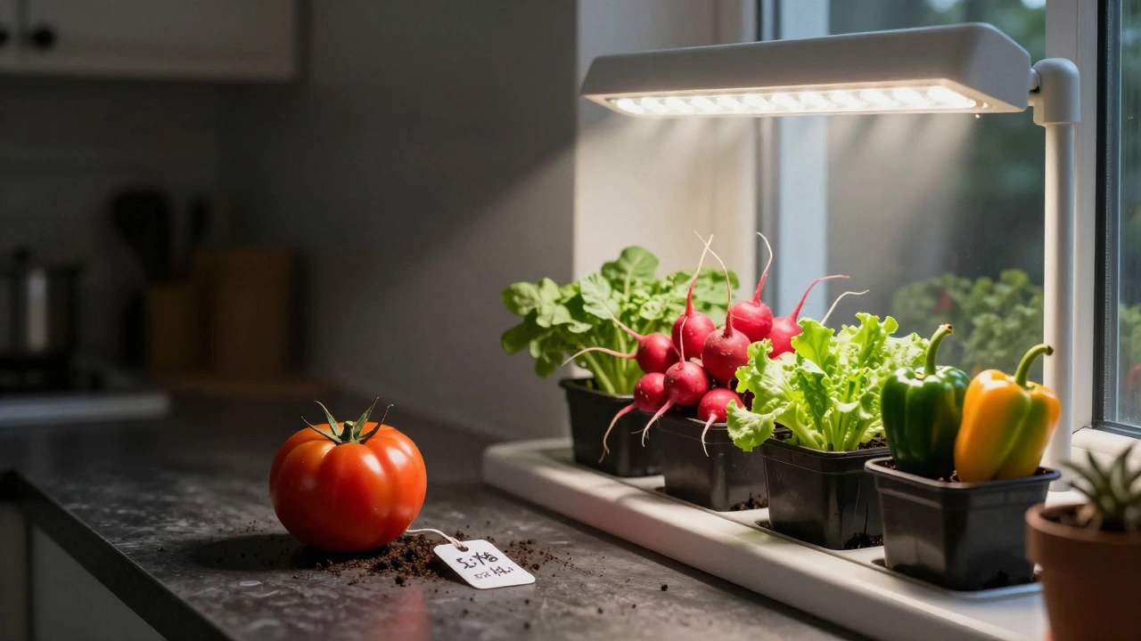 Сравнение: магазинный помидор и домашние овощи на подоконнике под лампой.