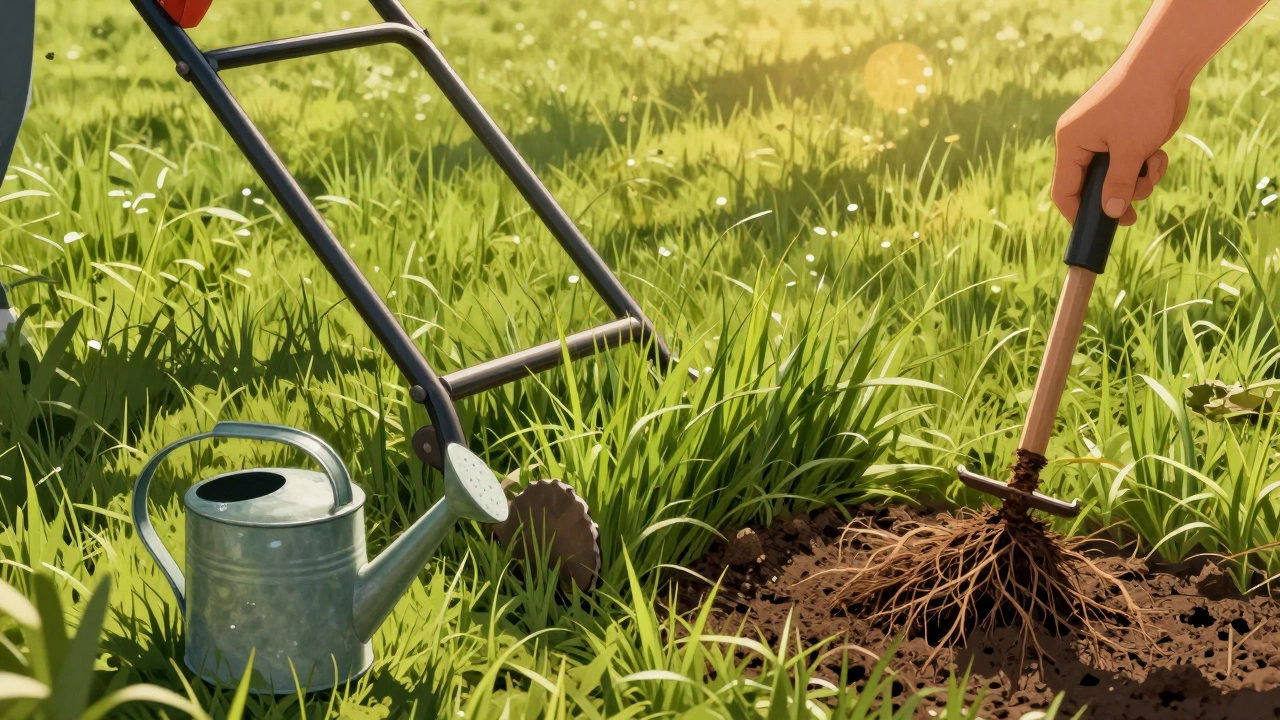 Стрижка газона на высоту 6 см при солнечном свете, корни влажные на глубине 12 см.