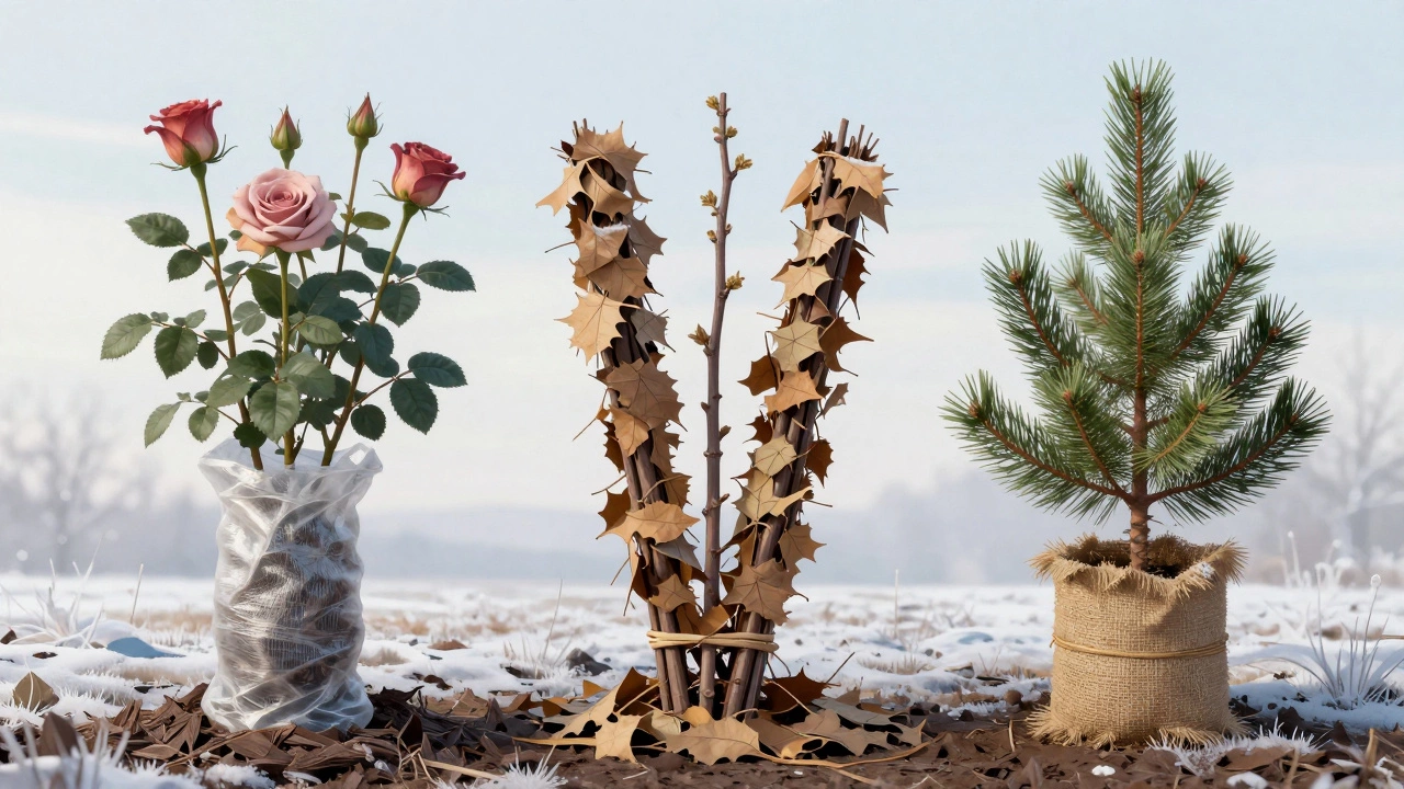 Три вида растений под зимним укрытием: розы, малина и молодая ель, каждое с подходящей защитой, без снега.