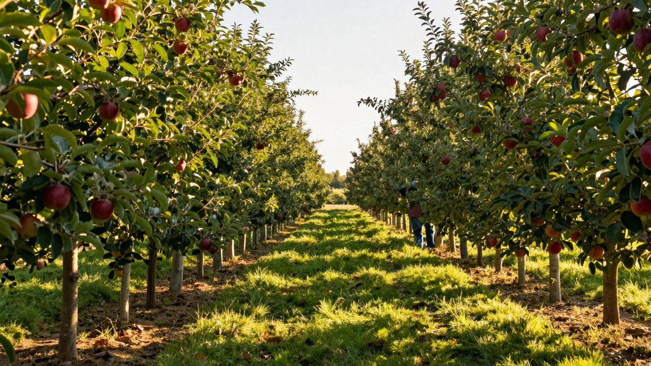 Здоровый плодовый сад с правильным расстоянием между деревьями